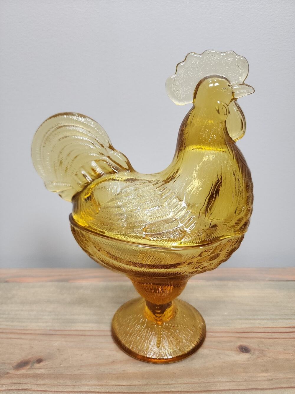 Vtg. L. E. Smith Glass Honey Amber Standing Rooster Candy Dish 9" Pedestal EUC